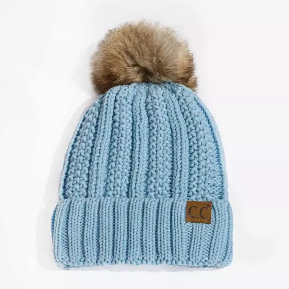 C.C Beanie Sky Blue Knit Fuzzy Lined Brown Faux Fur Pom